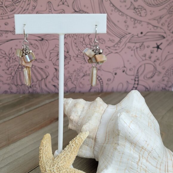Natural Beach Shell Neutral Off White Tan Dangle Earrings With Silver Tone Hooks - Picture 1 of 8